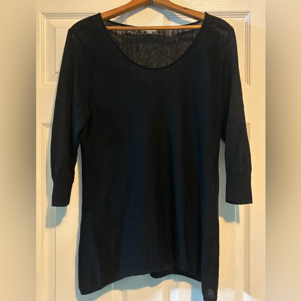 Eileen Fisher 100% Linen Knit Tunic Top Black Women’s M Scoop Neck ¾ Sleeve